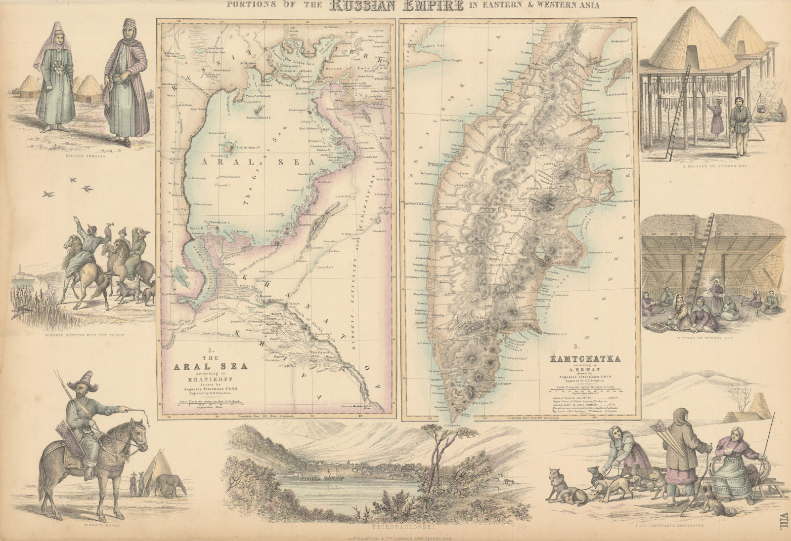 Russian Empire. Aral Sea & Kamtchatka. FULLARTON c1863 old antique map chart